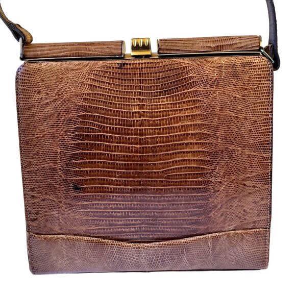 Snakeskin Print Faux Leather Vintage 70's Handbag Hinged Structured - Picture 7 of 12